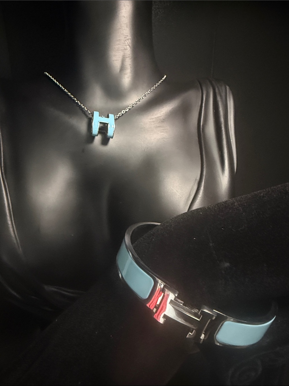 Light Blue Enamel Pendant Necklace with Matching Bangle